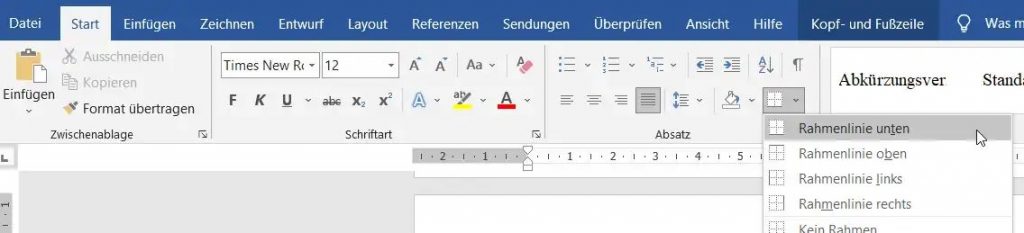 Durchgehende Linie in Kopfzeile oder Fußzeile einfügen
