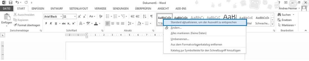 Word 2010 Formatvorlagen, Funktion "Standard aktualisieren, um der Auswahl zu entsprechen"
